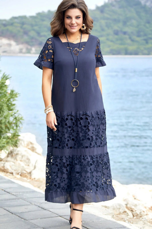 Serène | Vestido Largo Azul Marino con Encaje Floral