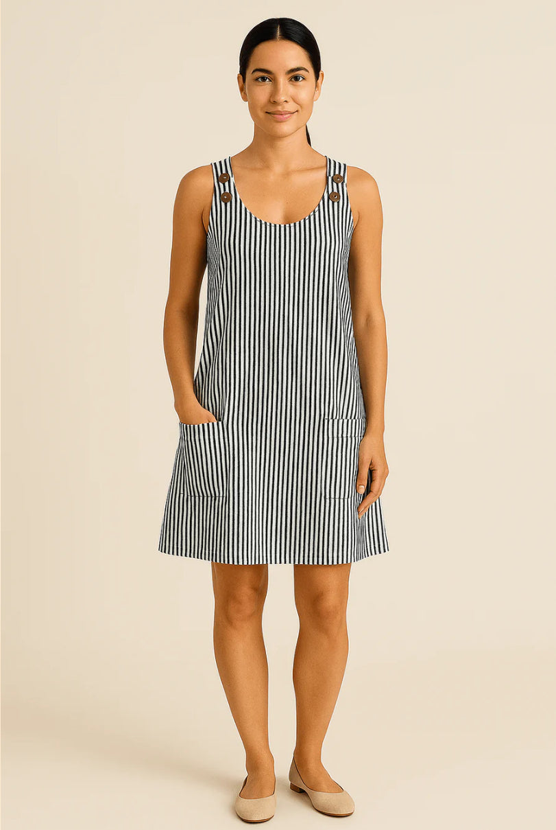 BRIANNA SLEEVELESS COTTON STYLE SUMMER DRESS WITH POCKETS – NAUTICAL STRIPED DESIGN