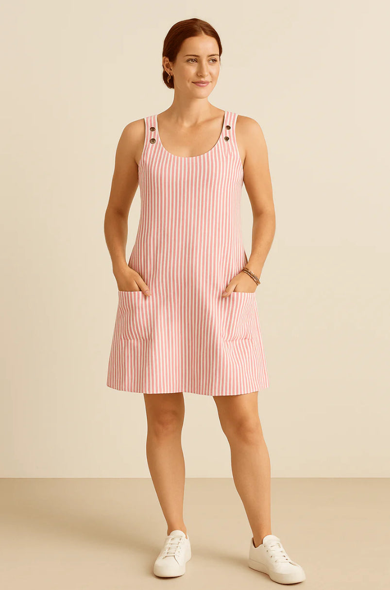 BRIANNA SLEEVELESS COTTON STYLE SUMMER DRESS WITH POCKETS – NAUTICAL STRIPED DESIGN
