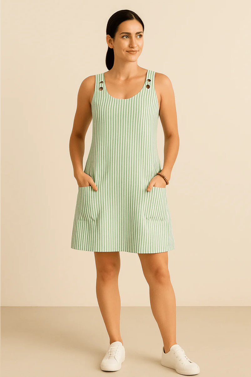BRIANNA SLEEVELESS COTTON STYLE SUMMER DRESS WITH POCKETS – NAUTICAL STRIPED DESIGN