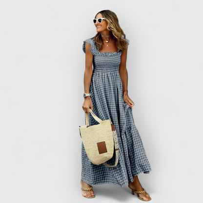 Belle - Vestido Maxi a Cuadros con Volantes y Nido de Abeja