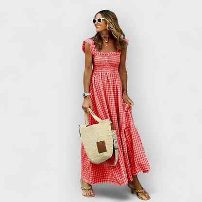 Belle - Vestido Maxi a Cuadros con Volantes y Nido de Abeja