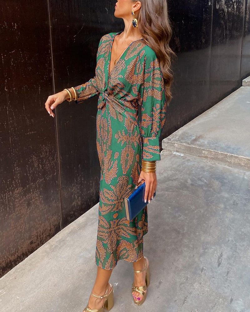 Janella - Vestido Midi Vintage de Manga Larga con Drapeado