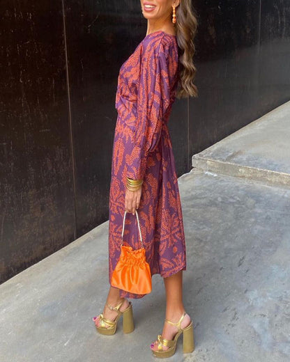 Janella - Vestido Midi Vintage de Manga Larga con Drapeado