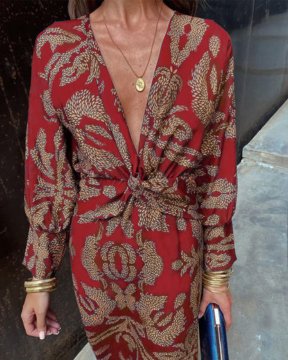 Janella - Vestido Midi Vintage de Manga Larga con Drapeado