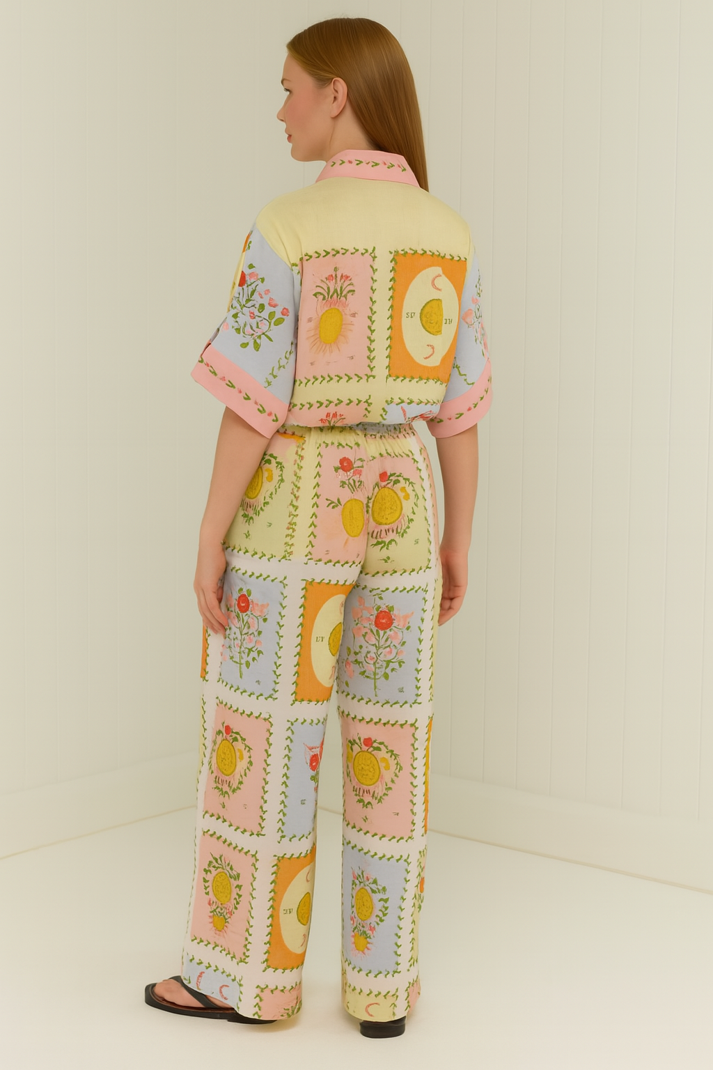 Conjunto elegante de pantalón con estampado floral y blusa de manga larga