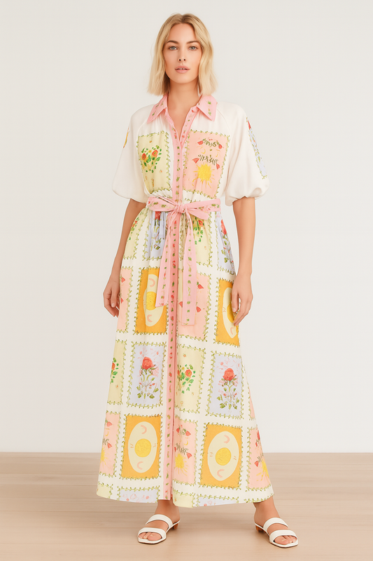 Boho Bloom Linen Patchwork Maxi Dress
