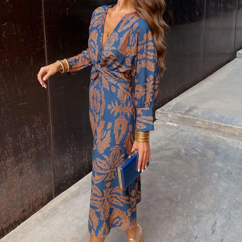 Janella - Vestido Midi Vintage de Manga Larga con Drapeado
