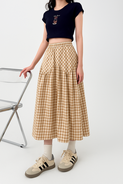 Vintage Gingham High-Waist Flare Skirt