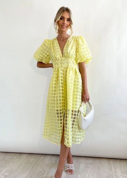 ZERA | PATTERNED FABRIC PUFF SLEEVE MIDI DRESS.