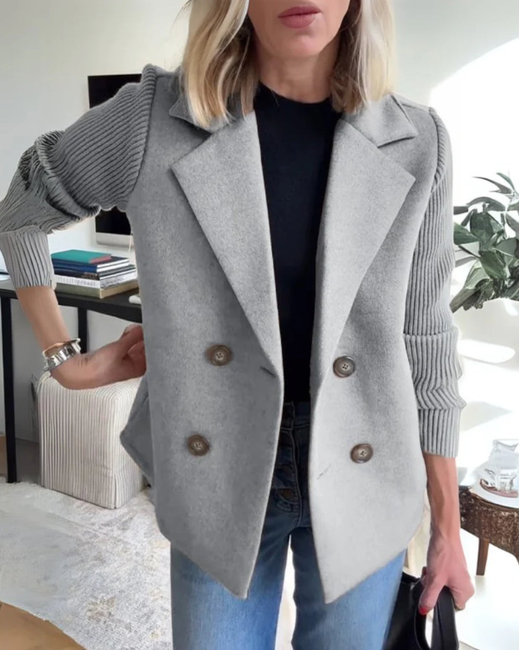 Lenora Chic Knit-Sleeve Blazer
