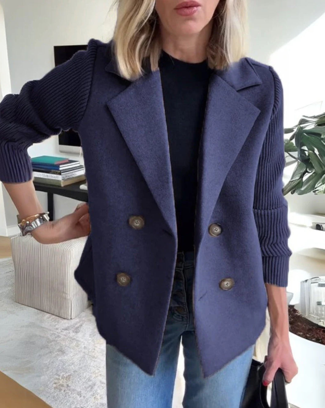 Lenora Chic Knit-Sleeve Blazer