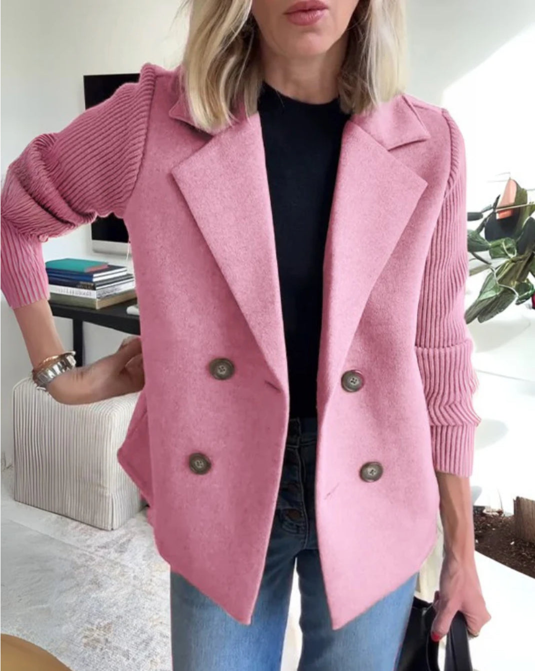 Lenora Chic Knit-Sleeve Blazer