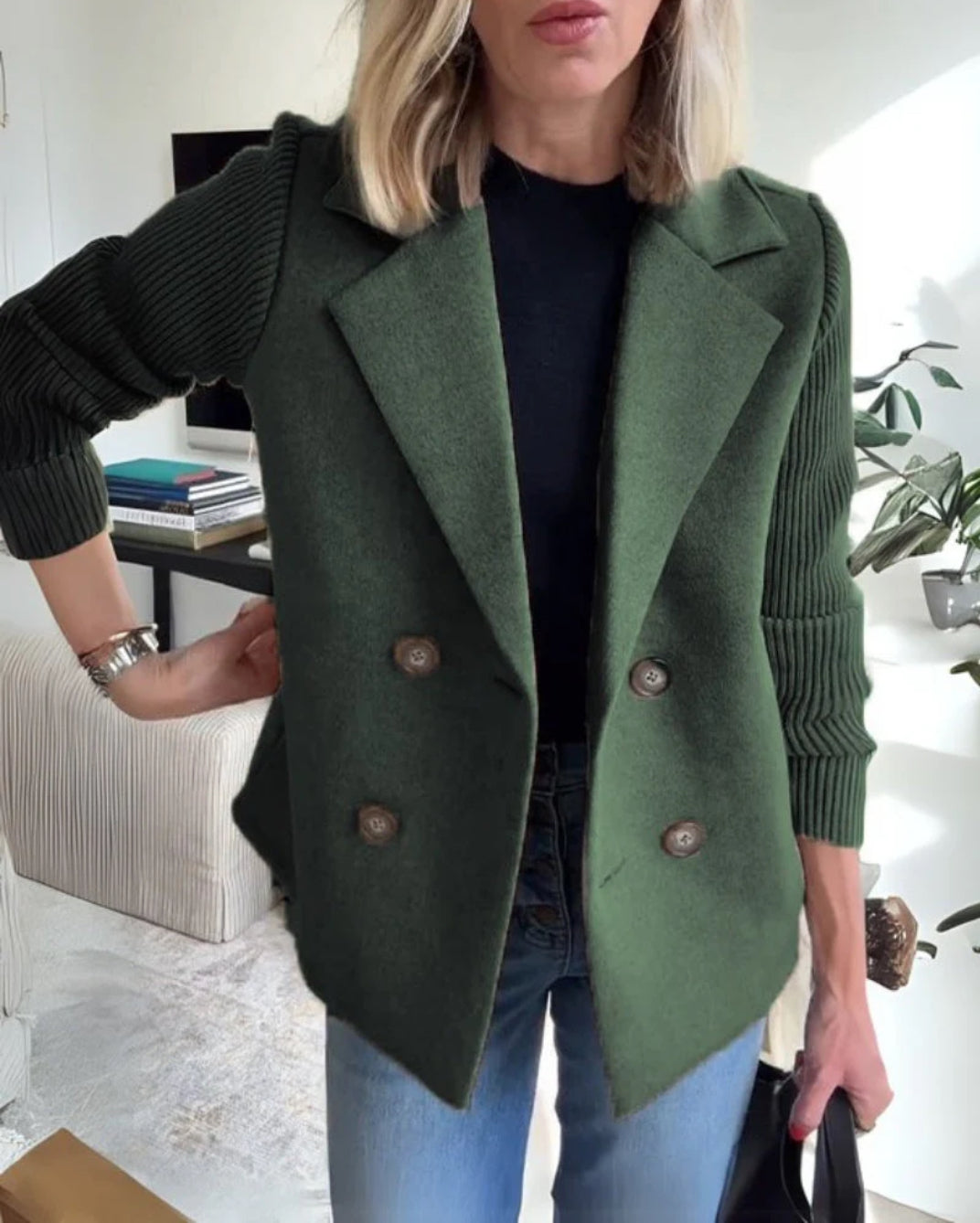 Lenora Chic Knit-Sleeve Blazer