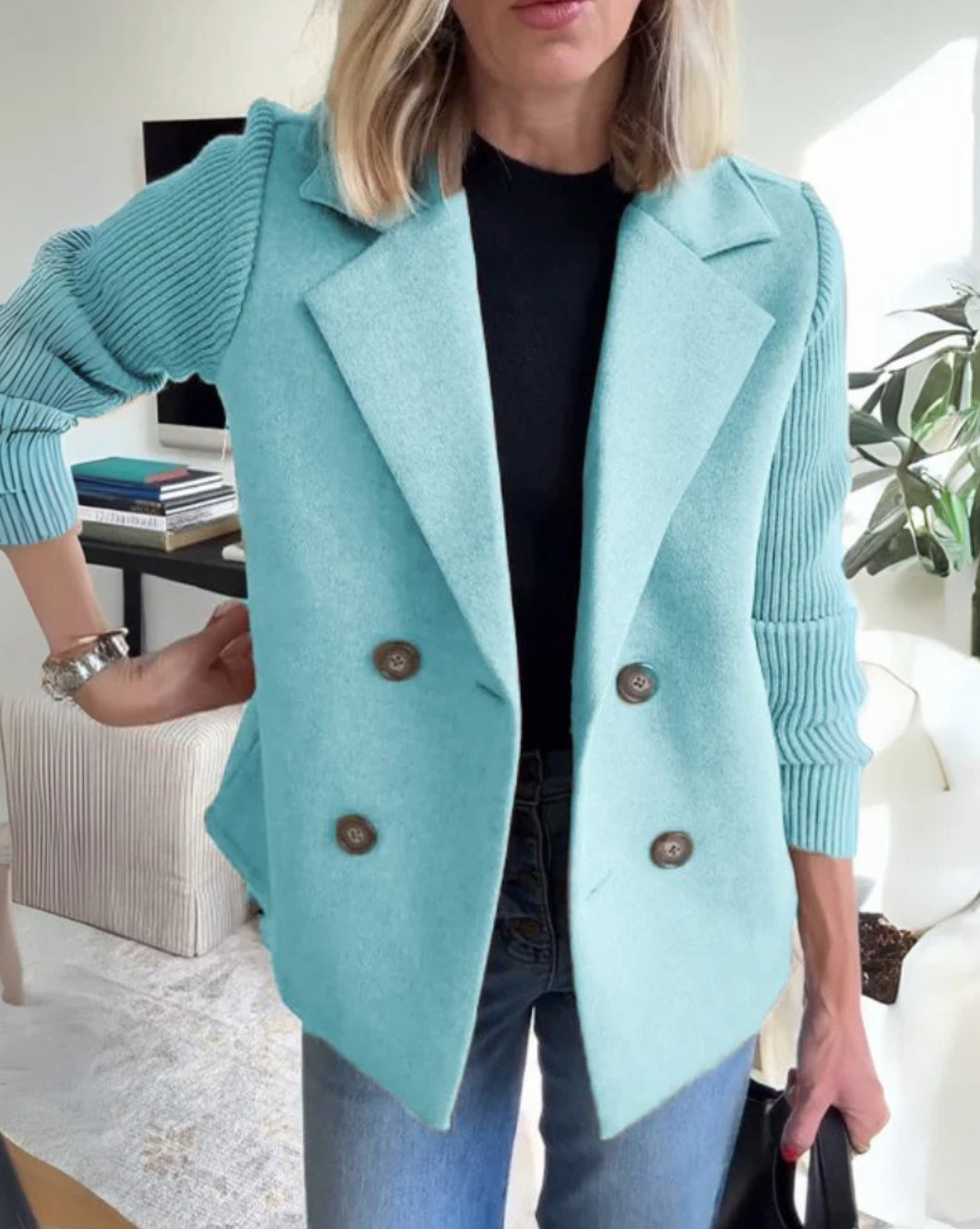 Lenora Chic Knit-Sleeve Blazer