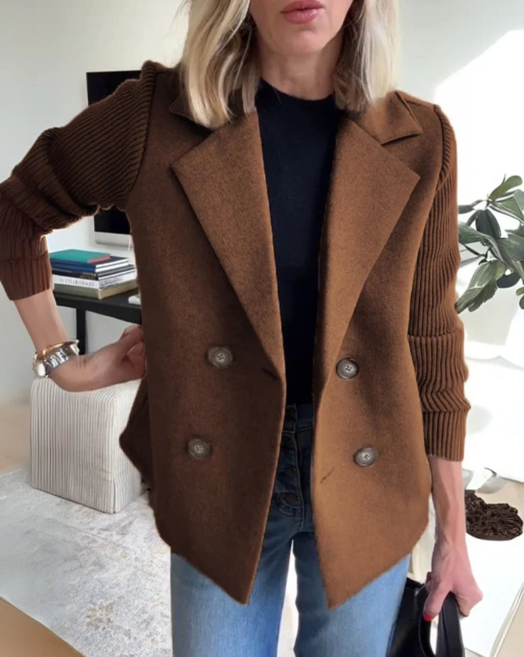 Lenora Chic Knit-Sleeve Blazer