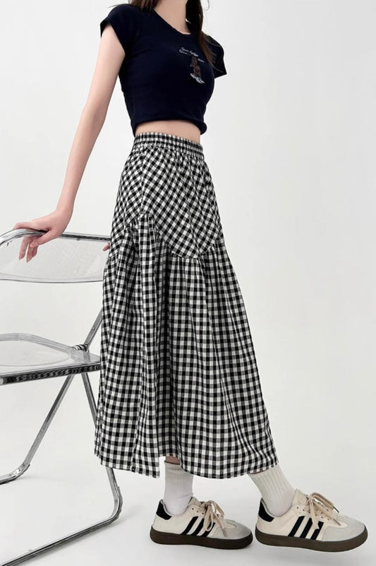Vintage Gingham High-Waist Flare Skirt