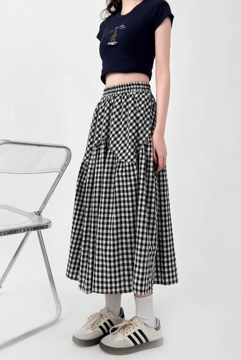 Vintage Gingham High-Waist Flare Skirt