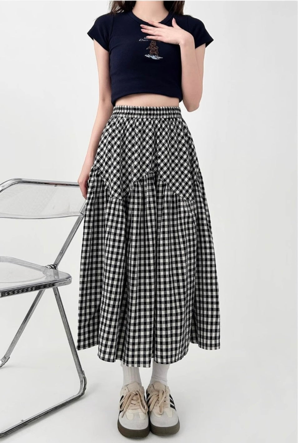 Vintage Gingham High-Waist Flare Skirt