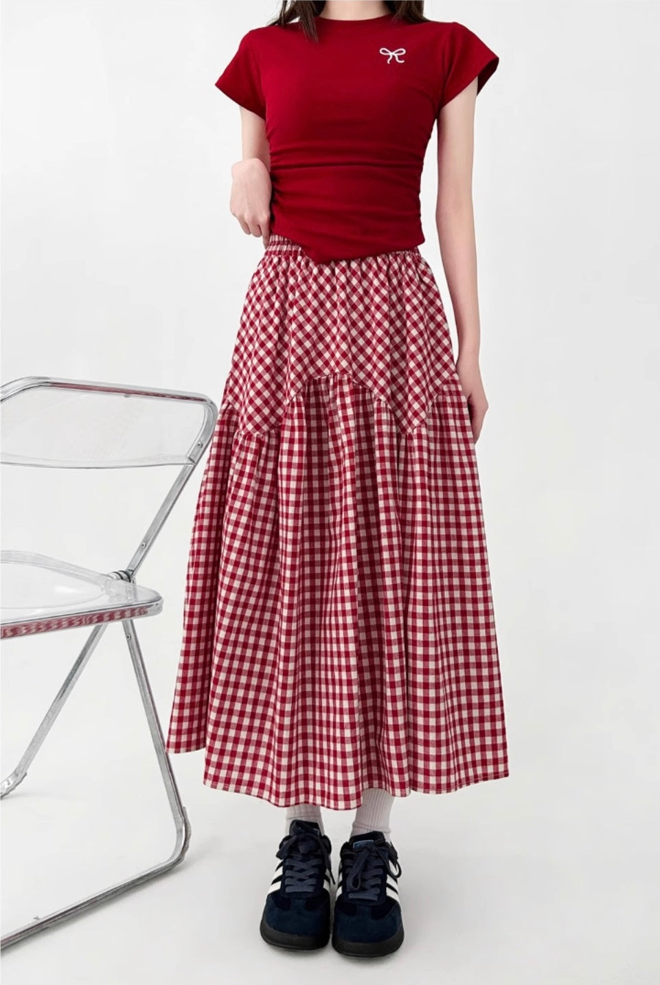 Vintage Gingham High-Waist Flare Skirt