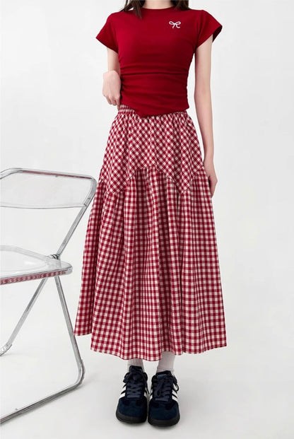 Vintage Gingham High-Waist Flare Skirt