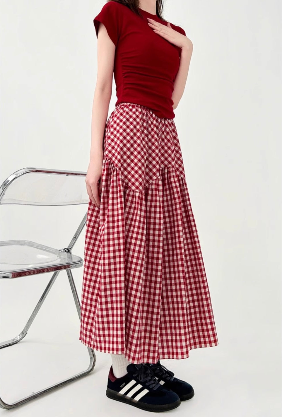 Vintage Gingham High-Waist Flare Skirt