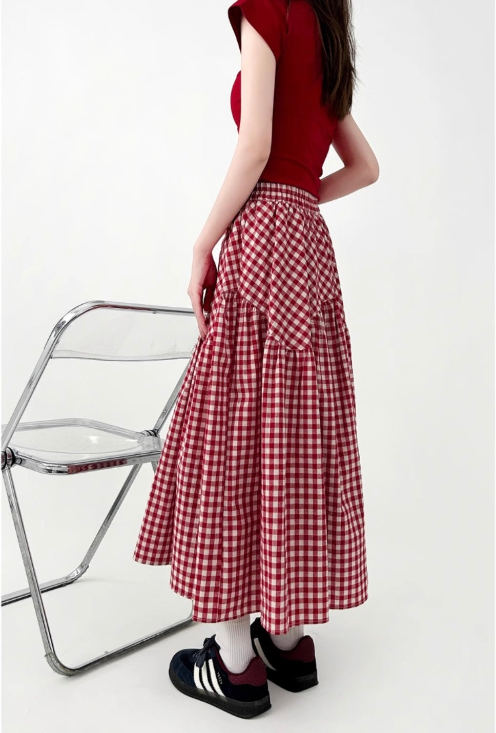 Vintage Gingham High-Waist Flare Skirt