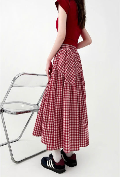 Vintage Gingham High-Waist Flare Skirt