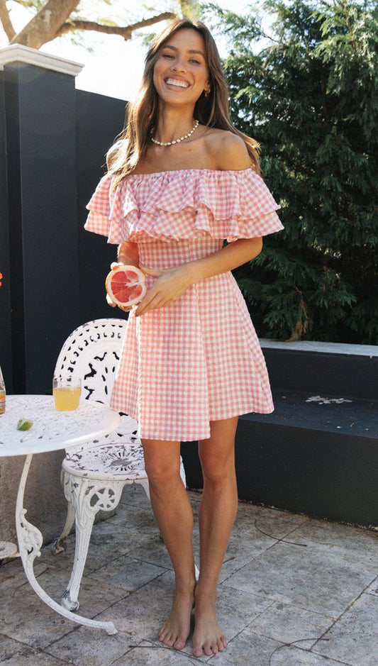 Off-Shoulder Pink Gingham Ruffle Dress