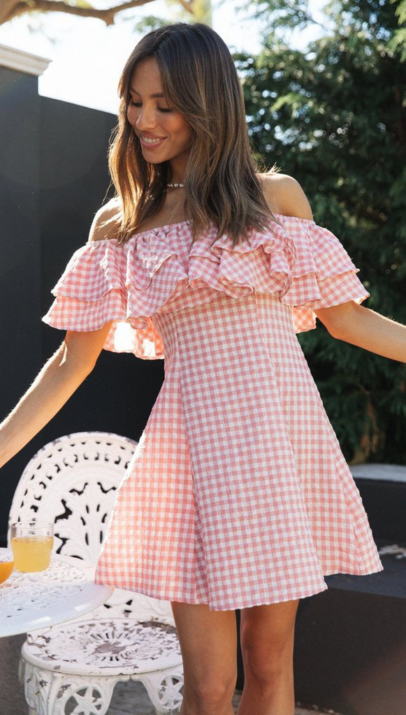 Off-Shoulder Pink Gingham Ruffle Dress