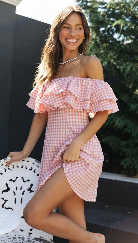 Off-Shoulder Pink Gingham Ruffle Dress