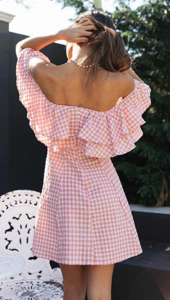 Off-Shoulder Pink Gingham Ruffle Dress