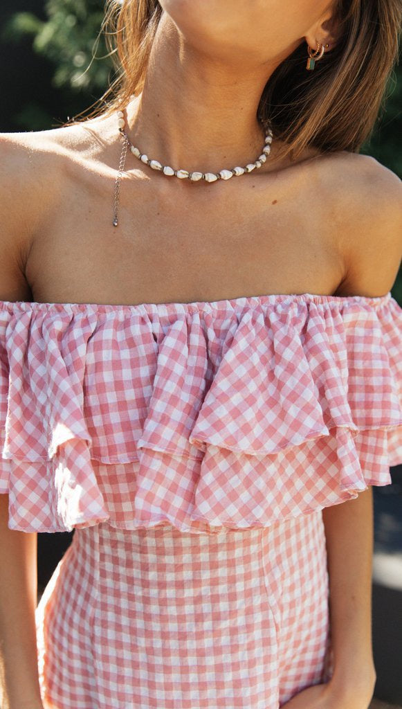 Off-Shoulder Pink Gingham Ruffle Dress