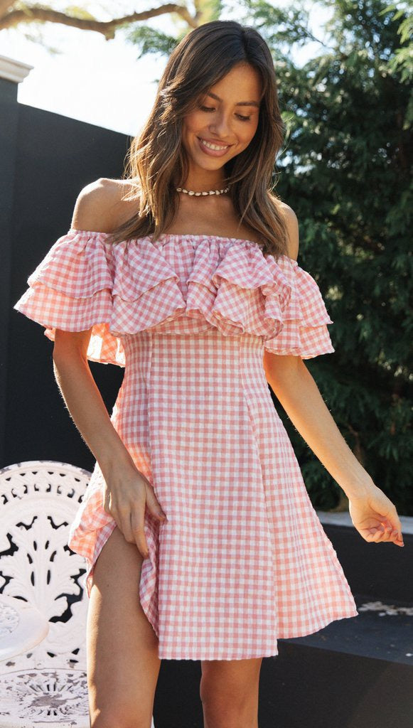 Off-Shoulder Pink Gingham Ruffle Dress