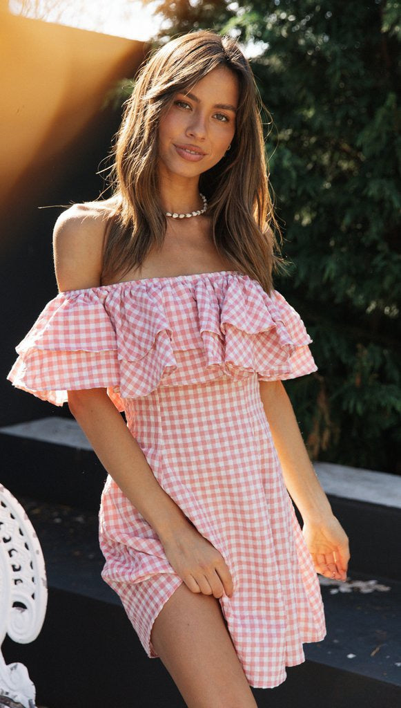 Off-Shoulder Pink Gingham Ruffle Dress