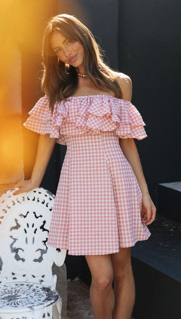 Off-Shoulder Pink Gingham Ruffle Dress