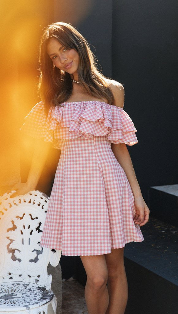 Off-Shoulder Pink Gingham Ruffle Dress