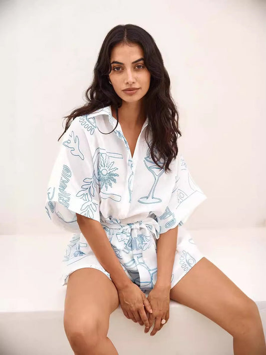 Abstract Print Button-Up Romper Set