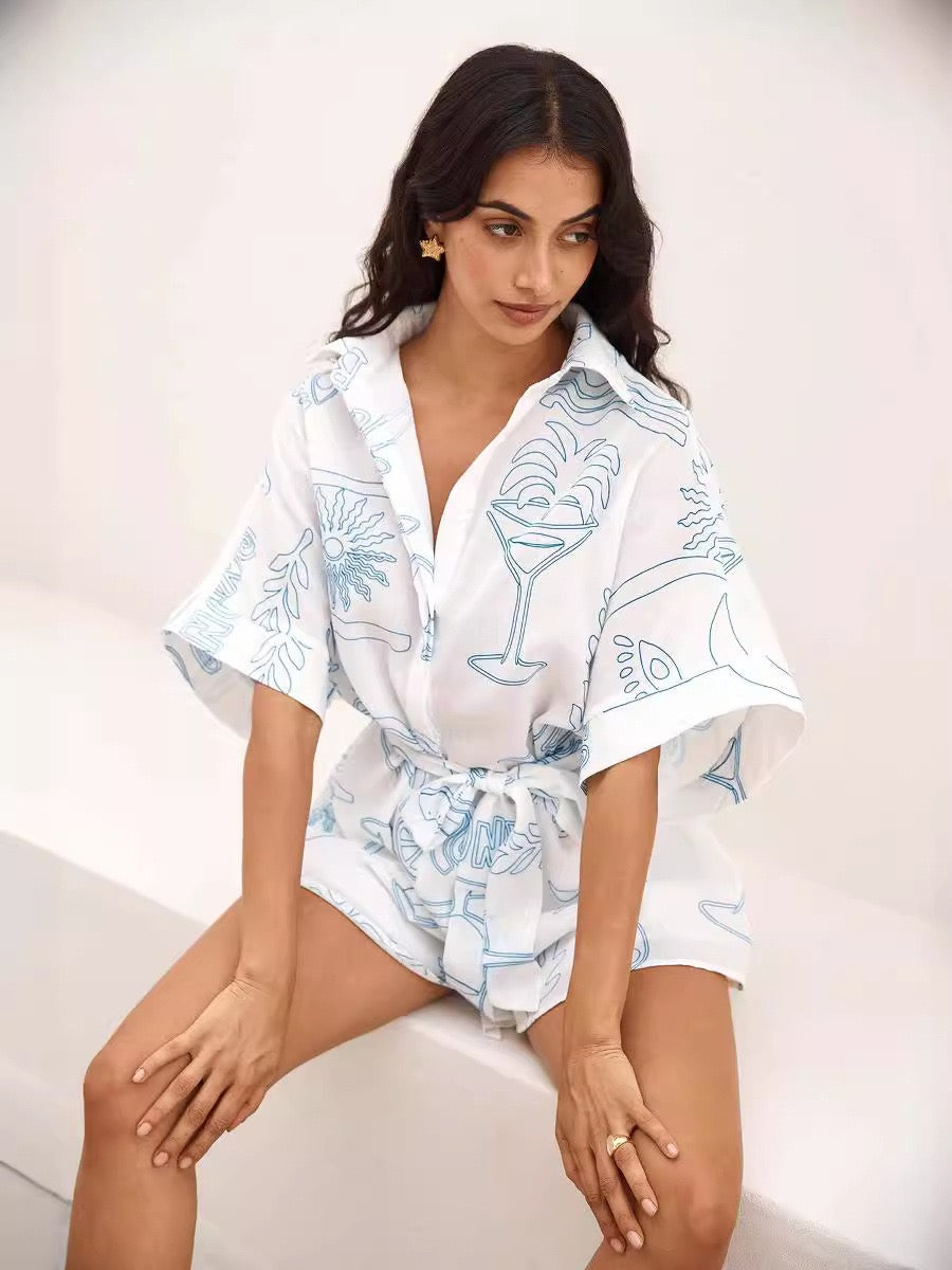 Abstract Print Button-Up Romper Set