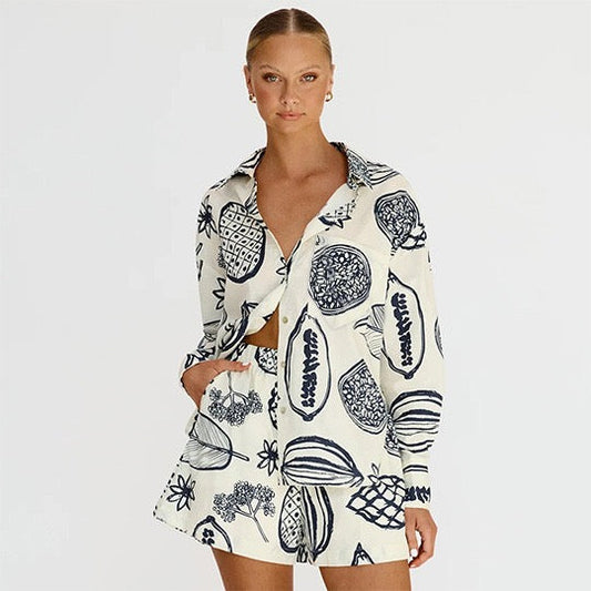 Tropical Sketch Print Long Sleeve Shirt & Shorts Set