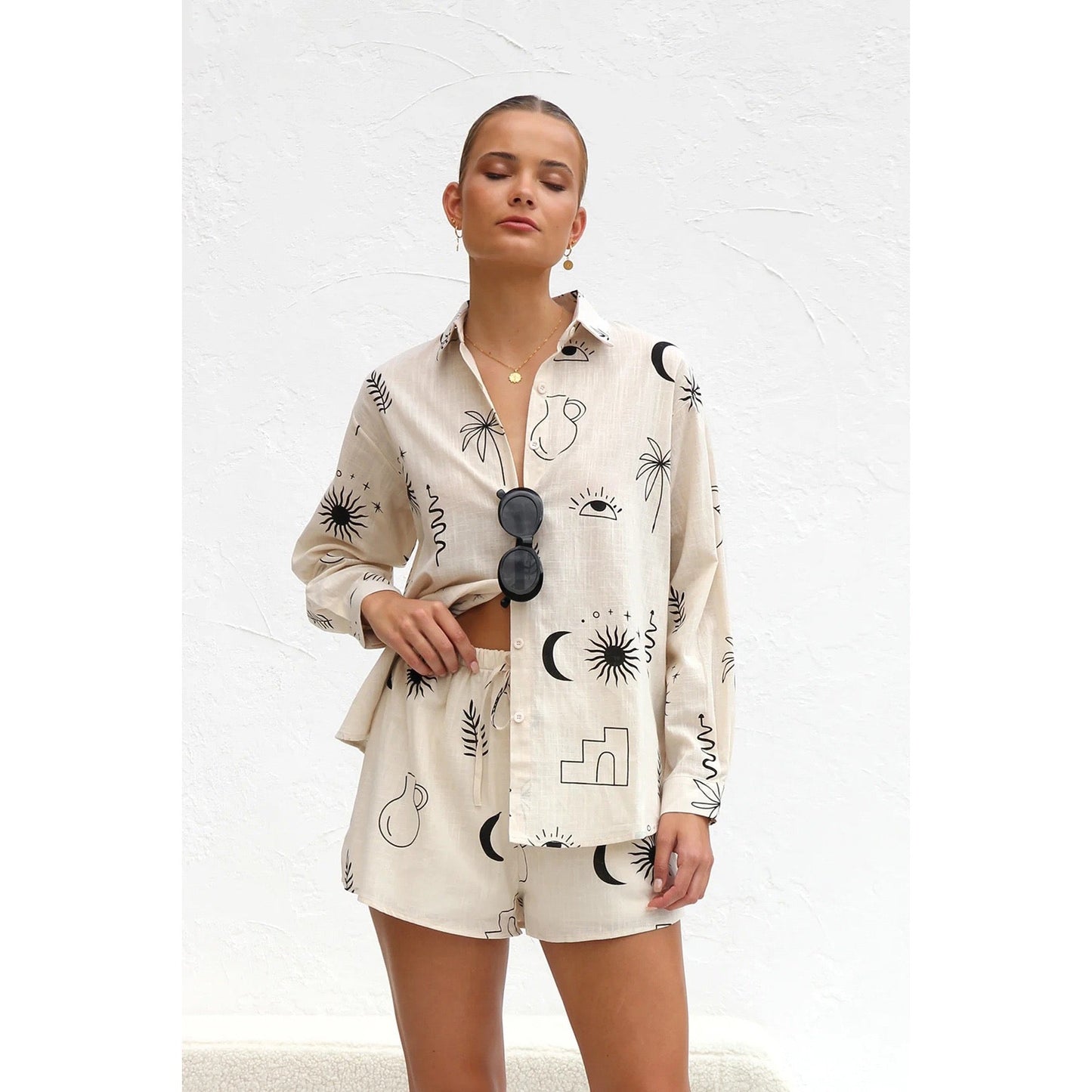 Tropical Sketch Print Long Sleeve Shirt & Shorts Set
