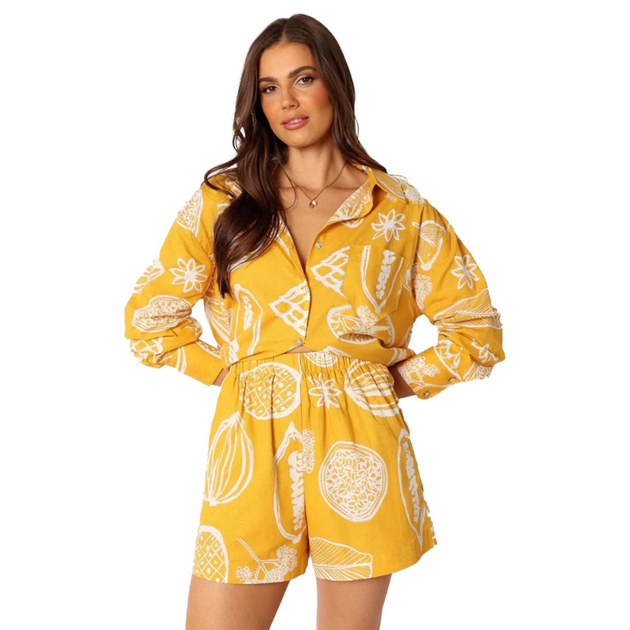 Tropical Sketch Print Long Sleeve Shirt & Shorts Set