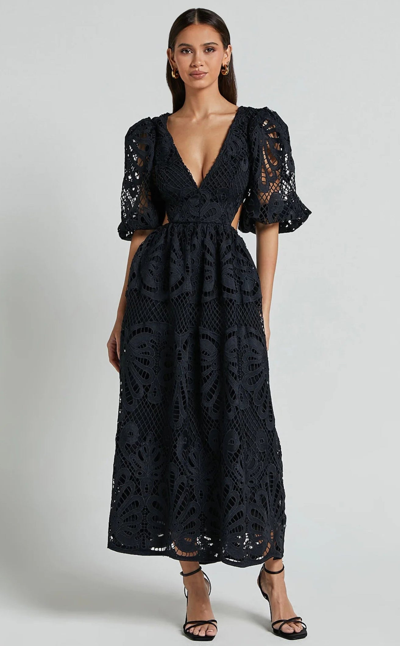 LACE V-NECK CUT-OUT MIDI DRESS