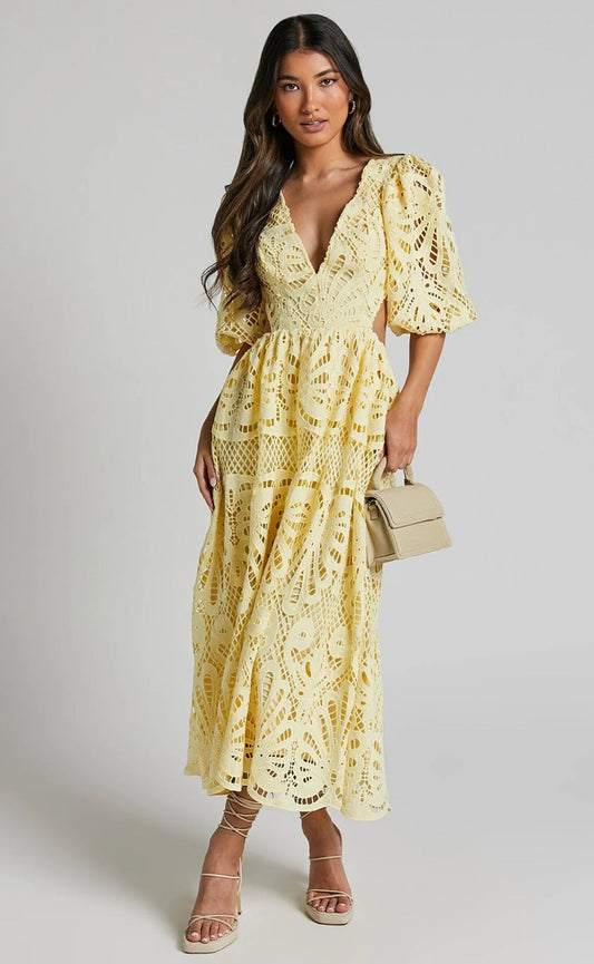LACE V-NECK CUT-OUT MIDI DRESS