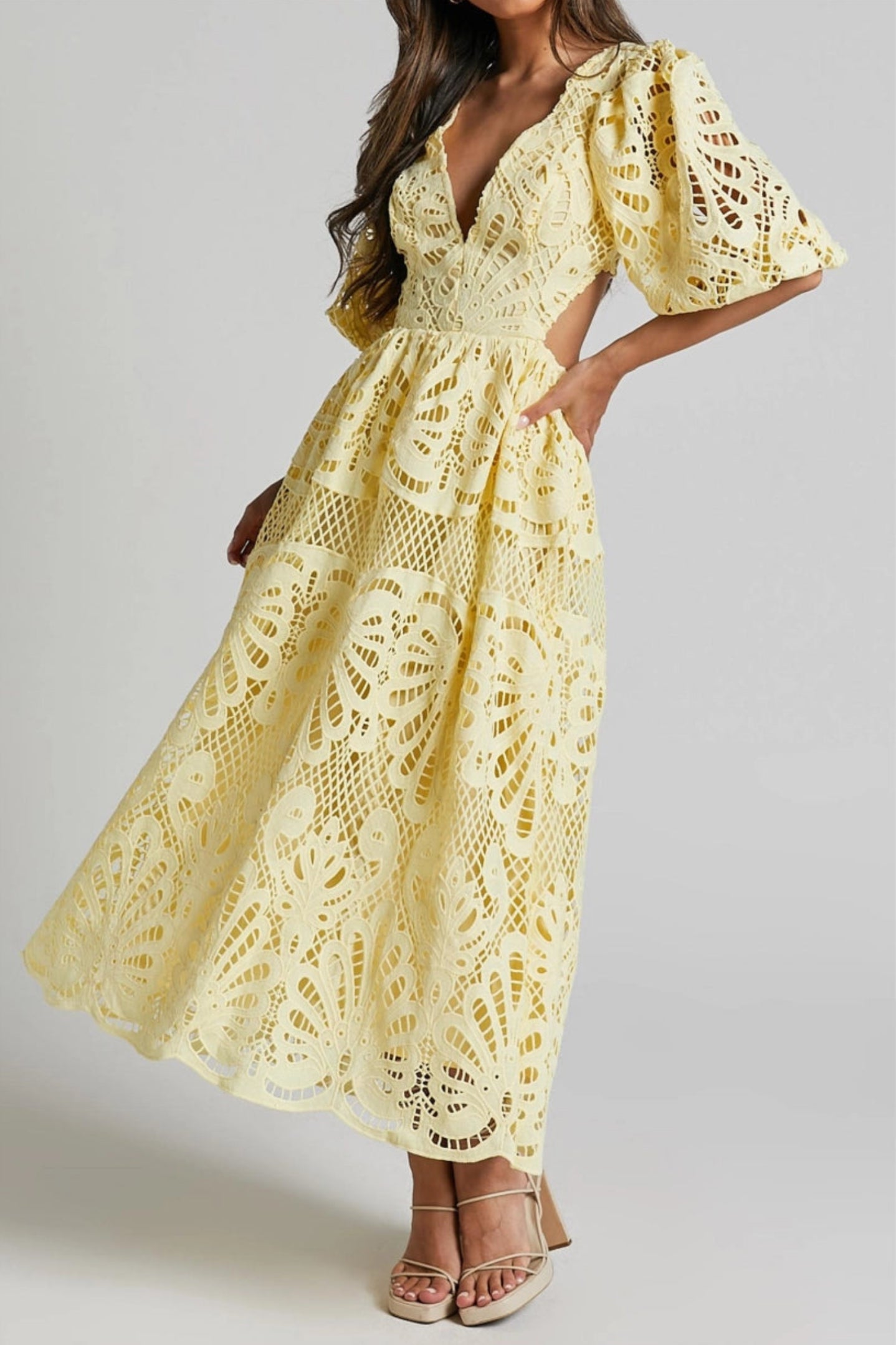 LACE V-NECK CUT-OUT MIDI DRESS