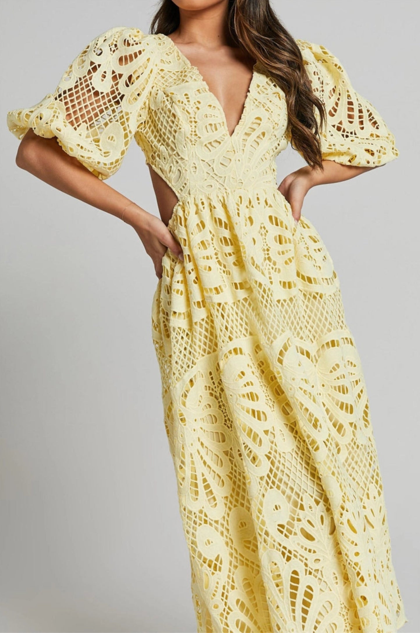 LACE V-NECK CUT-OUT MIDI DRESS