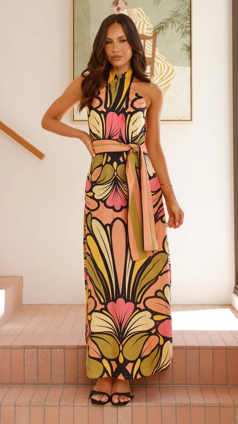 Floral Halter Neck Sleeveless Maxi Dress
