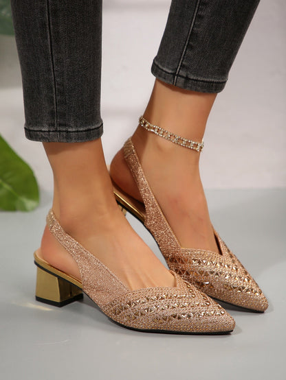 Rhinestone High Heel Chunky Heel Sandals