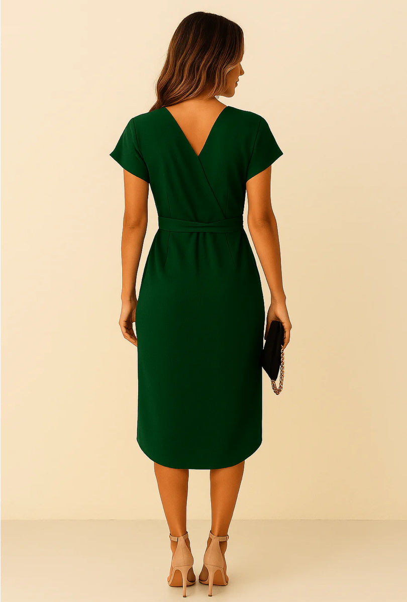 JOLENE ELEGANT WRAP MIDI DRESS WITH V-NECK