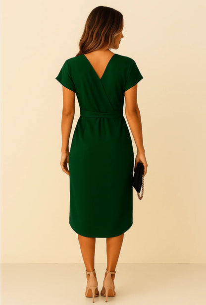 JOLENE ELEGANT WRAP MIDI DRESS WITH V-NECK